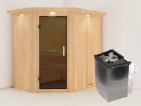 Karibu Sauna Carin- moderne Saunatür- 4,5 kW Ofen integr. Strg- mit Dachkranz