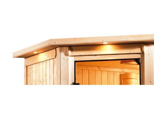 Cilja - Karibu Sauna Plug &amp; Play 3,6 kW Bio Ofen, ext. Steuerung - mit Dachkranz - Moderne Saunatür