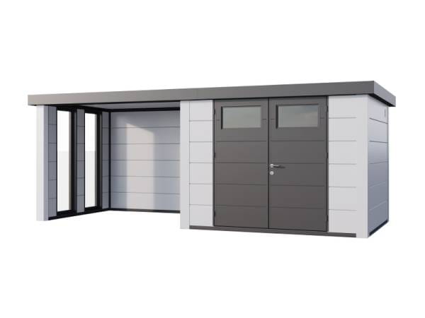 Telluria Metall-Gerätehaus Classico 3024 Komplett Weiß mit Lounge links, inkl. 2 Fenster