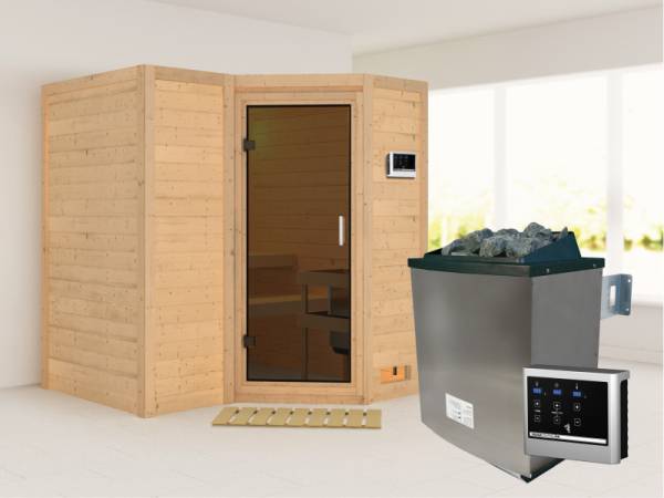 Karibu Sauna Sahib 1 inkl. 9-kW-Ofen mit externer Steuerung, ohne Dachkranz, mit moderner Saunatür
