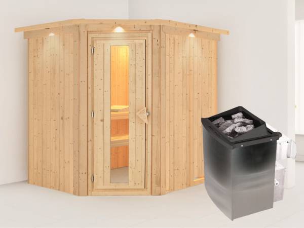 Karibu Sauna Siirin inkl. 9 kW Ofen integr. Steuerung mit energiesparender Saunatür - mit Dachkranz -