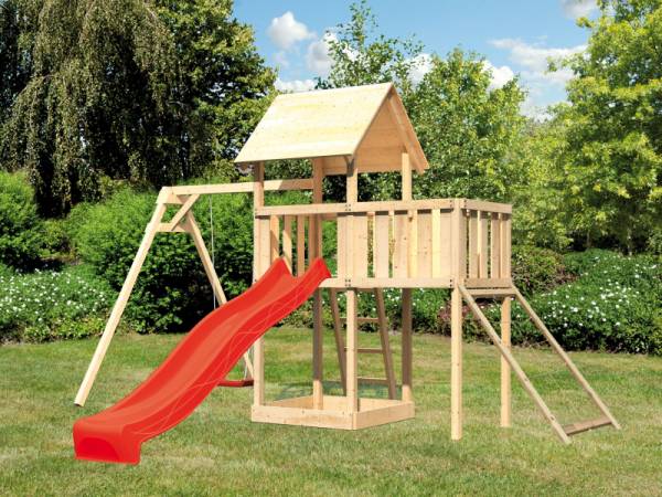 Akubi Spielturm Lotti Satteldach + Rutsche rot + Einzelschaukel + Anbauplattform + Netzrampe Akubi Spielturm Lotti Satteldach + Rutsche rot + Einzelschaukel + Anbauplattform + Netzrampe
