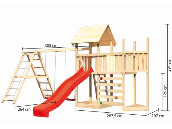 Akubi Spielturm Lotti Satteldach + Schiffsanbau oben + Anbauplattform + Doppelschaukel mit Klettergerüst + Kletterwand + Rutsche in rot