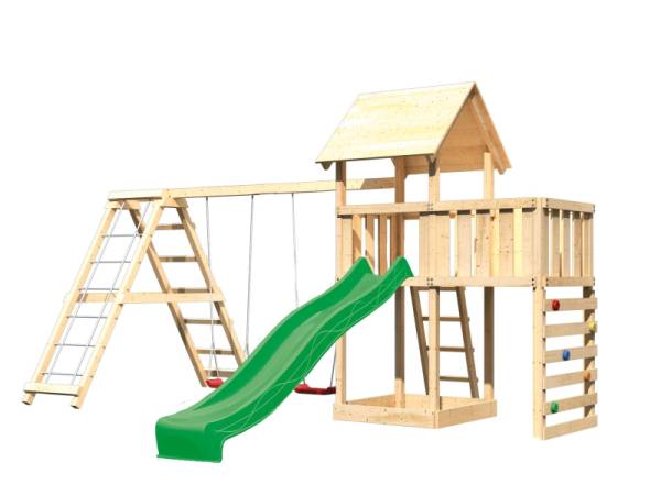 Akubi Spielturm Lotti Satteldach + Rutsche grün + Doppelschaukel Klettergerüst + Anbauplattform + Kletterwand