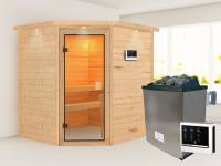Karibu Sauna Elea inkl. 9 kW Ofen ext. Steuerung mit klassischer Saunatür -mit Dachkranz-