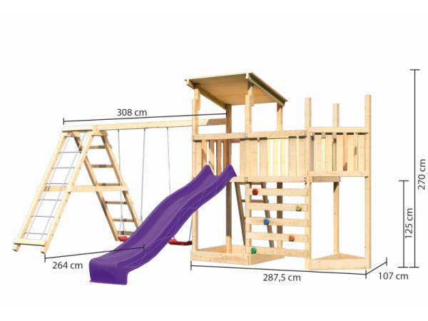 Akubi Spielturm Anna + Rutsche violett + Doppelschaukelanbau Klettergerüst + Anbauplattform + Kletterwand + Schiffsanbau oben