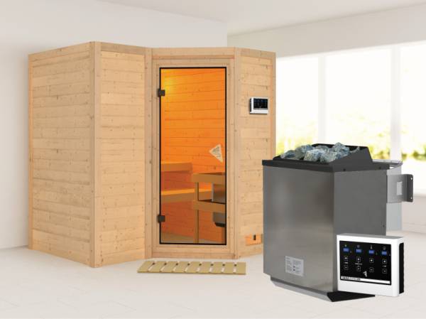 Karibu Sauna Sahib 1, inkl. 9 kW Bioofen ext. Steuerung, mit klassischer Tür -ohne Dachkranz-