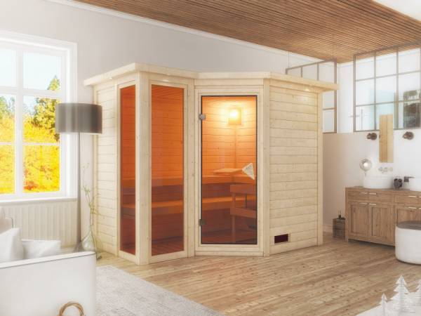 Amara - Karibu Sauna inkl. 9-kW-Ofen - mit Dachkranz -