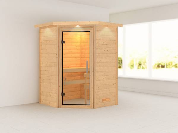 Karibu Sauna Franka 38 mm mit Dachkranz- ohne Ofen- klarglas Tür