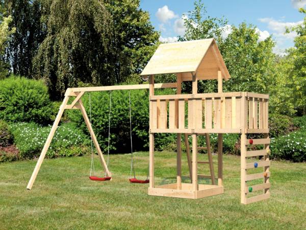 Akubi Spielturm Lotti Satteldach + Doppelschaukel + Anbauplattform + Kletterwand Akubi Spielturm Lotti Satteldach + Doppelschaukel + Anbauplattform + Kletterwand