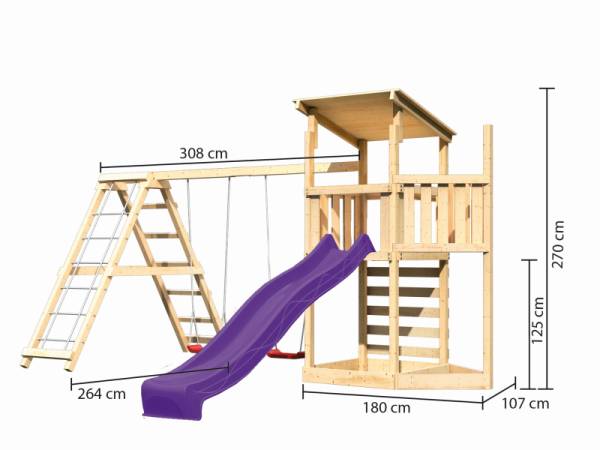 Akubi Spielturm Anna + Rutsche violett + Doppelschaukelanbau Klettergerüst + Kletterwand + Schiffsanbau oben