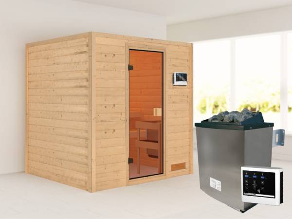 Karibu Sauna Adelina inkl. 9 kW Ofen ext. Steuerung mit klassischer Saunatür -ohne Dachkranz-
