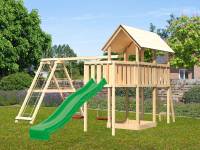Akubi Spielturm Danny Satteldach + Rutsche grün + Doppelschaukelanbau Klettergerüst + Anbauplattform