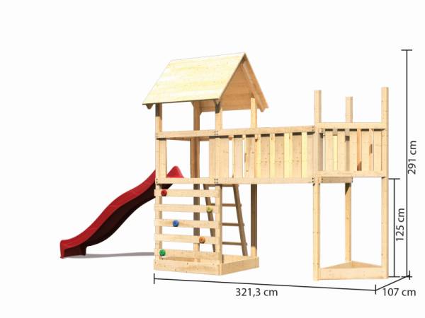 Akubi Spielturm Lotti Satteldach + Schiffsanbau oben + Anbauplattform XL + Kletterwand + Rutsche in rot