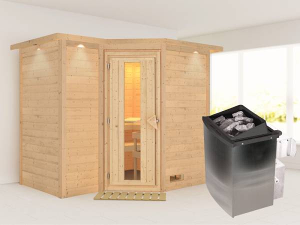 Karibu Sauna Sahib 2 inkl. 9-kW-Ofen mit interner Steuerung, mit Dachkranz, mit energiesparender Saunatür