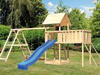 Akubi Spielturm Lotti Satteldach + Rutscheblau + Doppelschaukel Klettergerüst + Anbauplattform XL + Netzrampe