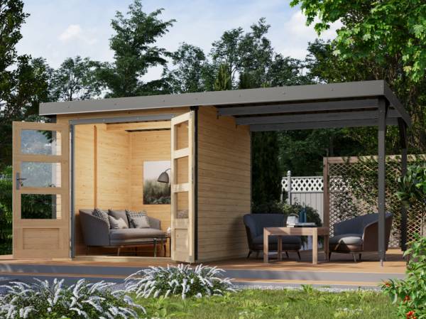 Karibu Hybrid Gartenhaus Jupiter 2 A naturbelassen/graualuminium, inkl. 2,40 m Anbaudach