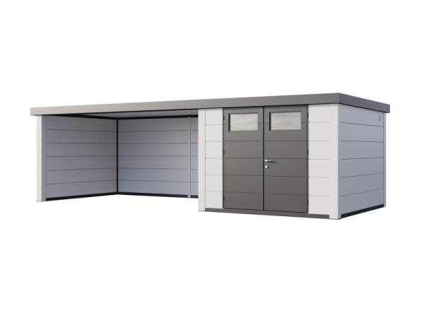 Telluria Metall-Gerätehaus Classico 3030 Komplett Weiß mit XL Lounge links