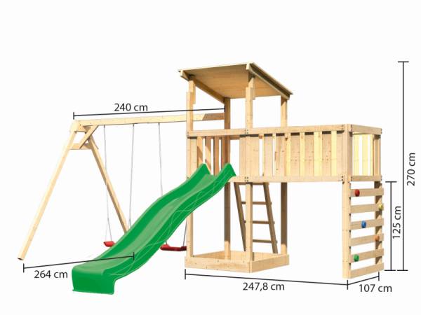 Akubi Spielturm Anna + Rutsche grün + Doppelschaukel + Anbauplattform XL + Kletterwand