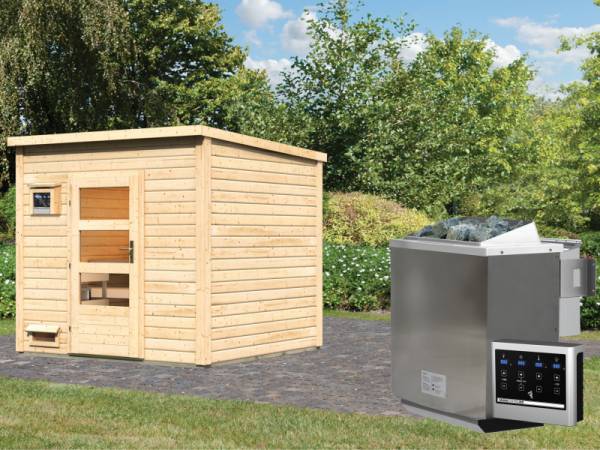 Karibu Saunahaus Pepe 4 - 38 mm - Ofen 9 kW Bio externe Steuerung easy - moderne Tür Karibu Saunahaus Pepe 4 - 38 mm - Ofen 9 kW Bio externe Steuerung easy - moderne Tür