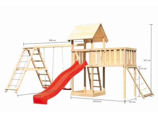 Akubi Spielturm Lotti Satteldach + Rutsche rot + Doppelschaukel Klettergerüst + Anbauplattform XL + Netzrampe