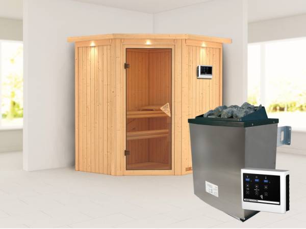 Karibu Sauna Taurin- klassische Saunatür- 4,5 kW Ofen ext. Strg- mit Dachkranz