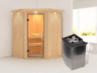 Karibu Sauna Larin- Klarglas Saunatür- 4,5 kW Ofen integr. Strg- mit Dachkranz