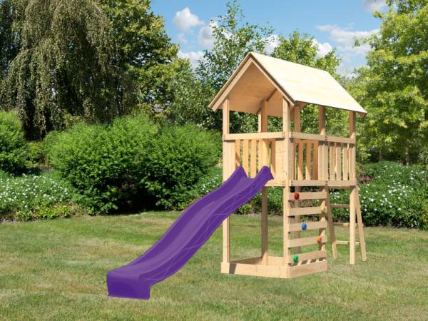 Akubi Spielturm Danny Satteldach + Rutsche violett + Kletterwand