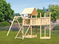 Akubi Spielturm Lotti Satteldach + Schiffsanbau oben + Anbauplattform + Einzelschaukel + Netzrampe