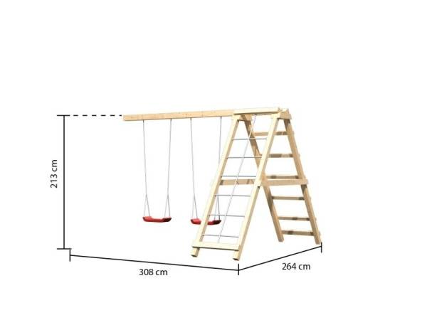 Akubi Spielturm Lotti Satteldach + Schiffsanbau oben + Doppelschaukel mit Klettergerüst + Anbauplattform XL + Netzrampe + Rutsche in rot