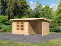 Karibu Woodfeeling Gartenhaus Bastrup 5 mit Anbaudach 2 Meter sowie Seiten- und Rückwand natur