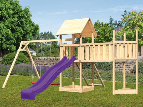 Akubi Spielturm Lotti Satteldach + Schiffsanbau oben + Doppelschaukel + Anbauplattform XL + Netzrampe + Rutsche in violett