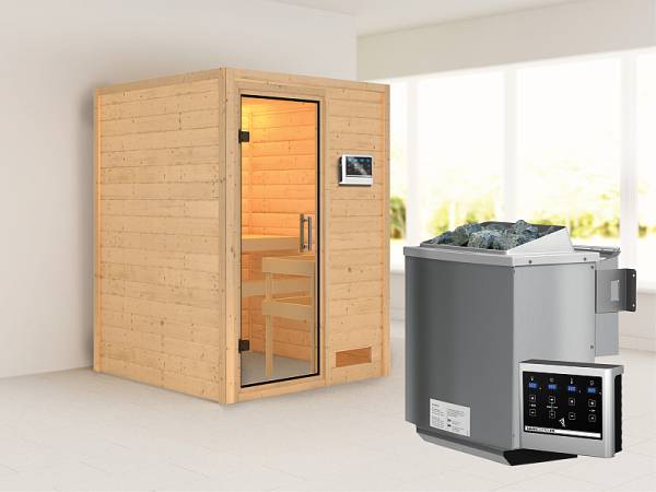 Karibu Woodfeeling Sauna Svenja- Klarglas Saunatür- 4,5 kW Bioofen ext. Strg- ohne Dachkranz