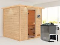 Karibu Sauna Jara inkl. 9 kW Bioofen ext. Steuerung mit klassischer Saunatür -mit Dachkranz-