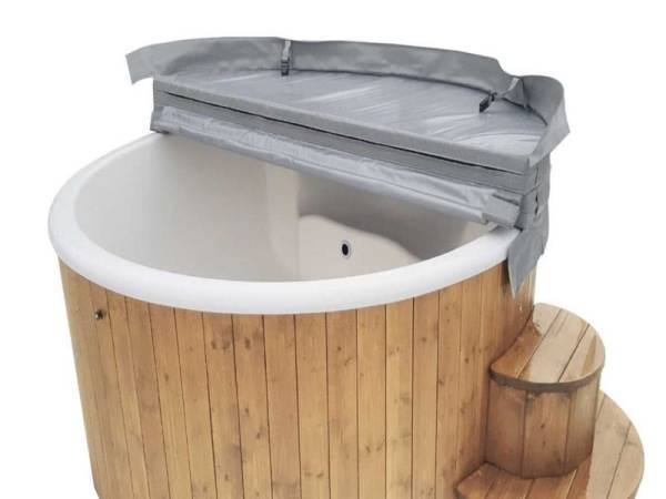 Wolff Finnhaus Badebottich Hot Tub de luxe 200 cm mit grauem GFK-Einsatz, integriertem Außenofen und Thermoabdeckung