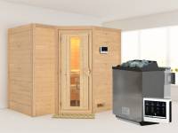 Karibu Sauna Sahib 2 inkl. 9-kW-Bioofen mit externer Steuerung, ohne Dachkranz, mit energiesparender Saunatür