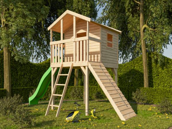 Akubi Stelzenhaus Benjamin naturbelassen + Rutsche grün + Holzrampe Akubi Stelzenhaus Benjamin naturbelassen + Rutsche grün + Holzrampe