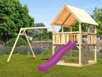 Akubi Spielturm Luis Satteldach + Rutsche violett + Doppelschaukel + Kletterwand