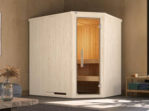 Weka Elementsauna Varberg 1 Trend in weiß, inkl. 4,5 kW Bioofen (BioS) mit digitaler Steuerung, Ganzglastür