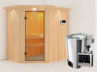 Saja - Karibu Sauna Plug & Play inkl. 3,6 kW-Bioofen - mit Dachkranz -
