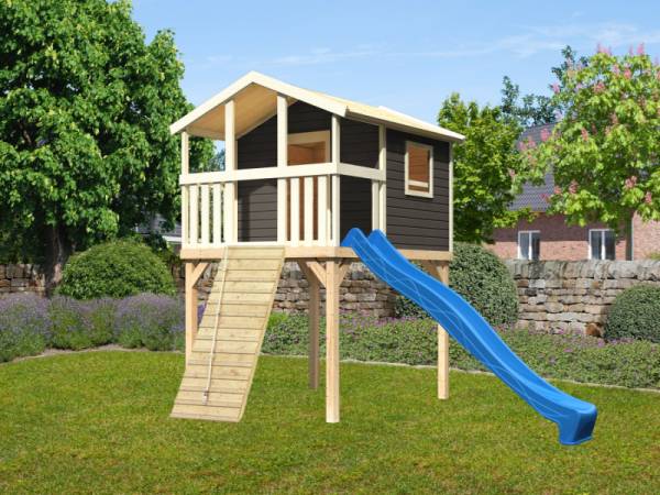 Akubi Stelzenhaus Benjamin terragrau + Rutsche blau + Holzrampe Akubi Stelzenhaus Benjamin terragrau + Rutsche blau + Holzrampe