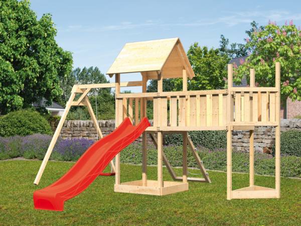 Akubi Spielturm Lotti Satteldach + Schiffsanbau oben + Einzelschaukel + Anbauplattform XL + Netzrampe + Rutsche in rot