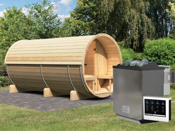 Karibu Fass - Sauna 4 42 mm inkl. 9-kW-Bioofen - Saunahaus Karibu Fass - Sauna 4 42 mm inkl. 9-kW-Bioofen - Saunahaus