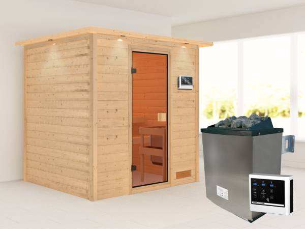 Karibu Sauna Adelina inkl. 9 kW Ofen integr. Steuerung mit klassischer Saunatür -mit Dachkranz-