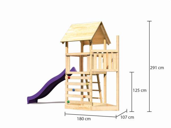 Akubi Spielturm Lotti Satteldach + Schiffsanbau oben + Kletterwand + Rutsche in violett