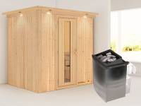 Karibu Sauna Bodin- energiesparende Saunatür- 4,5 kW Ofen integr. Strg- mit Dachkranz
