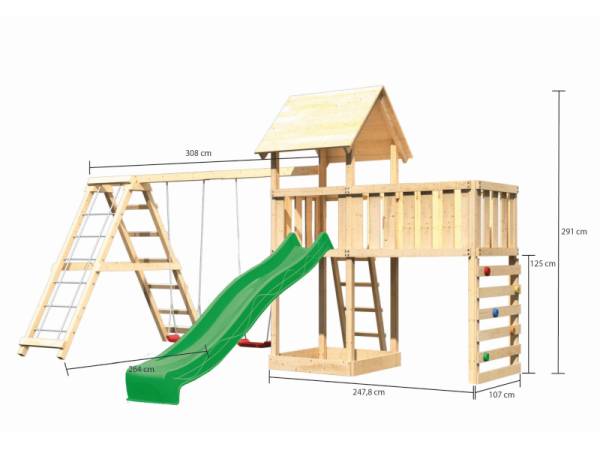 Akubi Spielturm Lotti Satteldach + Rutsche grün + Doppelschaukel Klettergerüst + Anbauplattform XL + Kletterwand