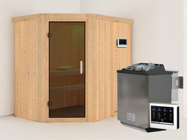 Karibu Sauna Carin- moderne Saunatür- 4,5 kW Bioofen ext. Strg- ohne Dachkranz