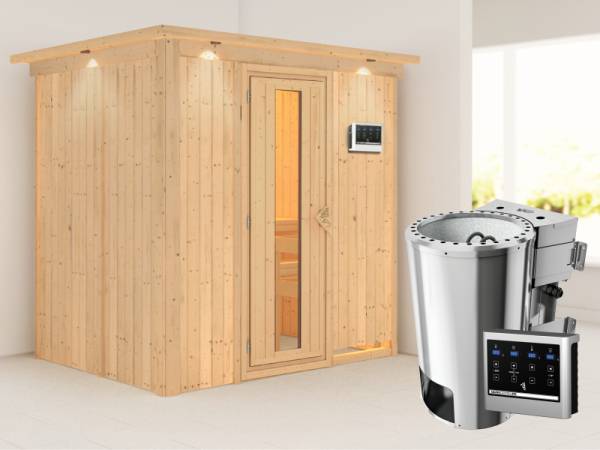 Fanja - Karibu Sauna Plug &amp; Play 3,6 kW Bio Ofen, ext. Steuerung - mit Dachkranz - Energiespartür
