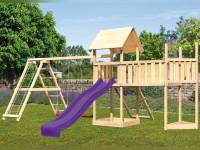 Akubi Spielturm Lotti Satteldach + Schiffsanbau oben + Doppelschaukel mit Klettergerüst + Anbauplattform XL + Netzrampe + Rutsche in violett